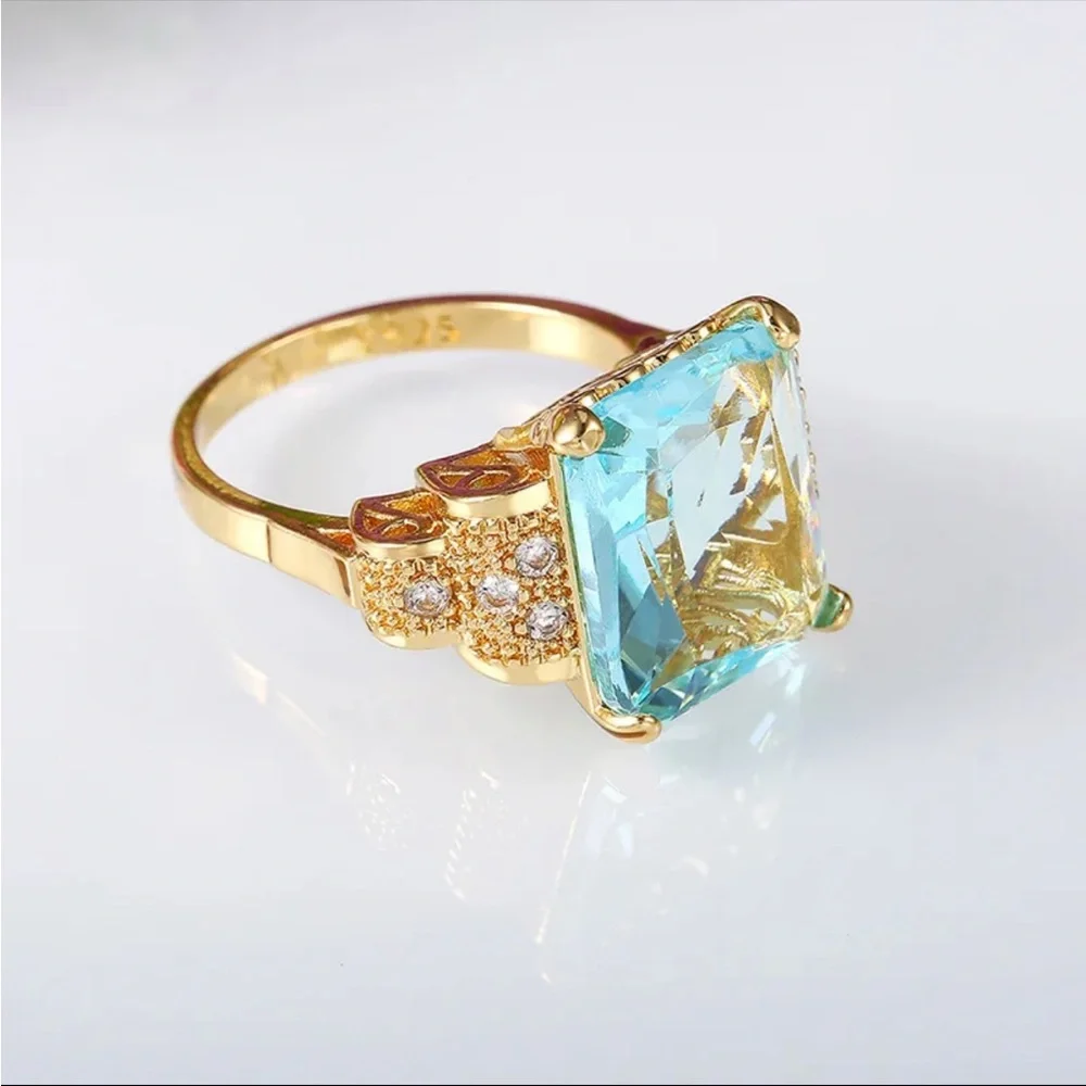 NEW Yellow Gold Plated  Blue Square Ring